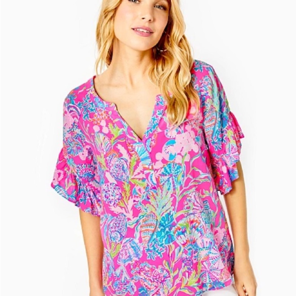 Lilly Pulitzer Quinna Short Sleeve Oversized Top – Flamingo Pink, Ruffle Sleeves